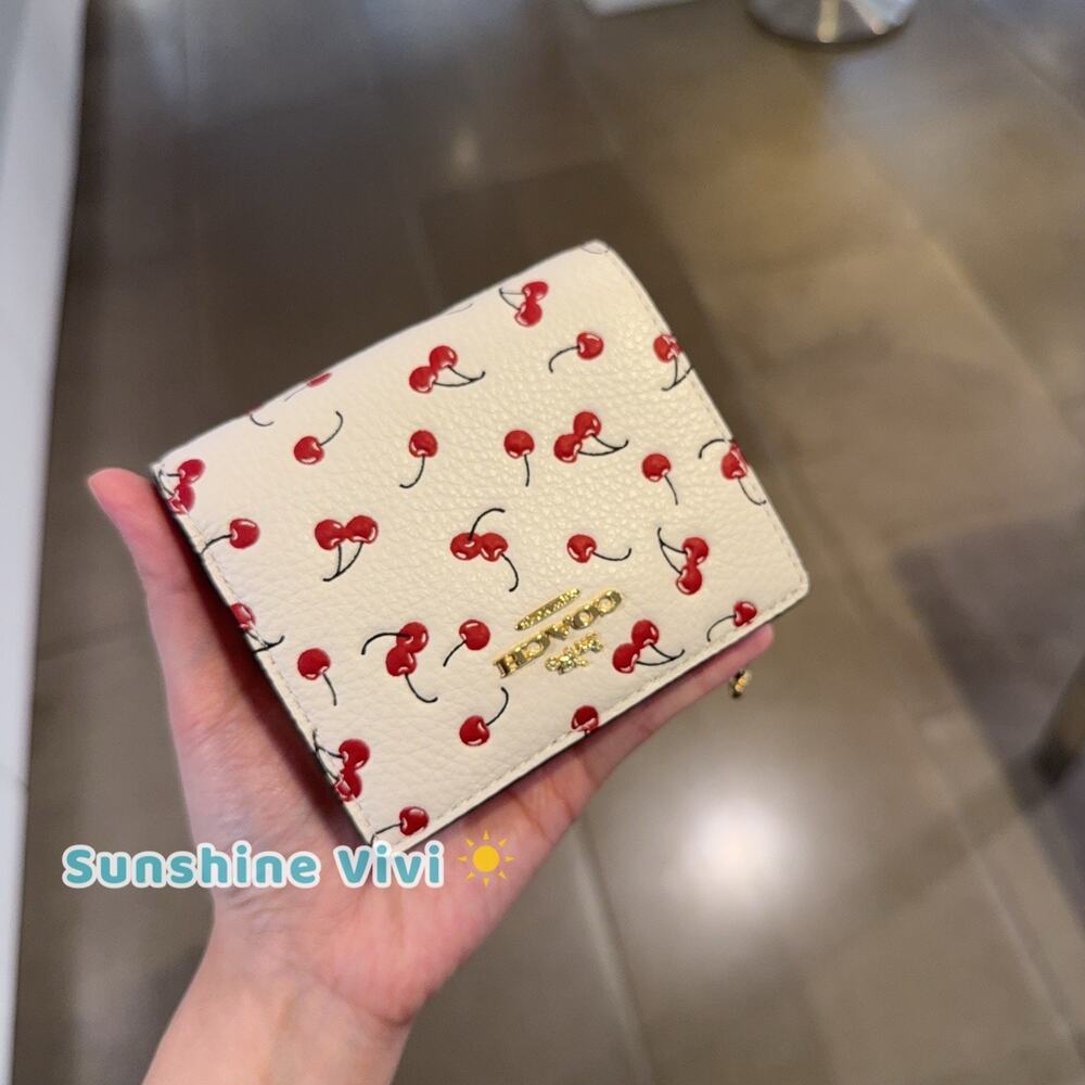 NWT Coach Snap Wallet With Cherry Print Gold/Chalk Multi CFA25 Leather